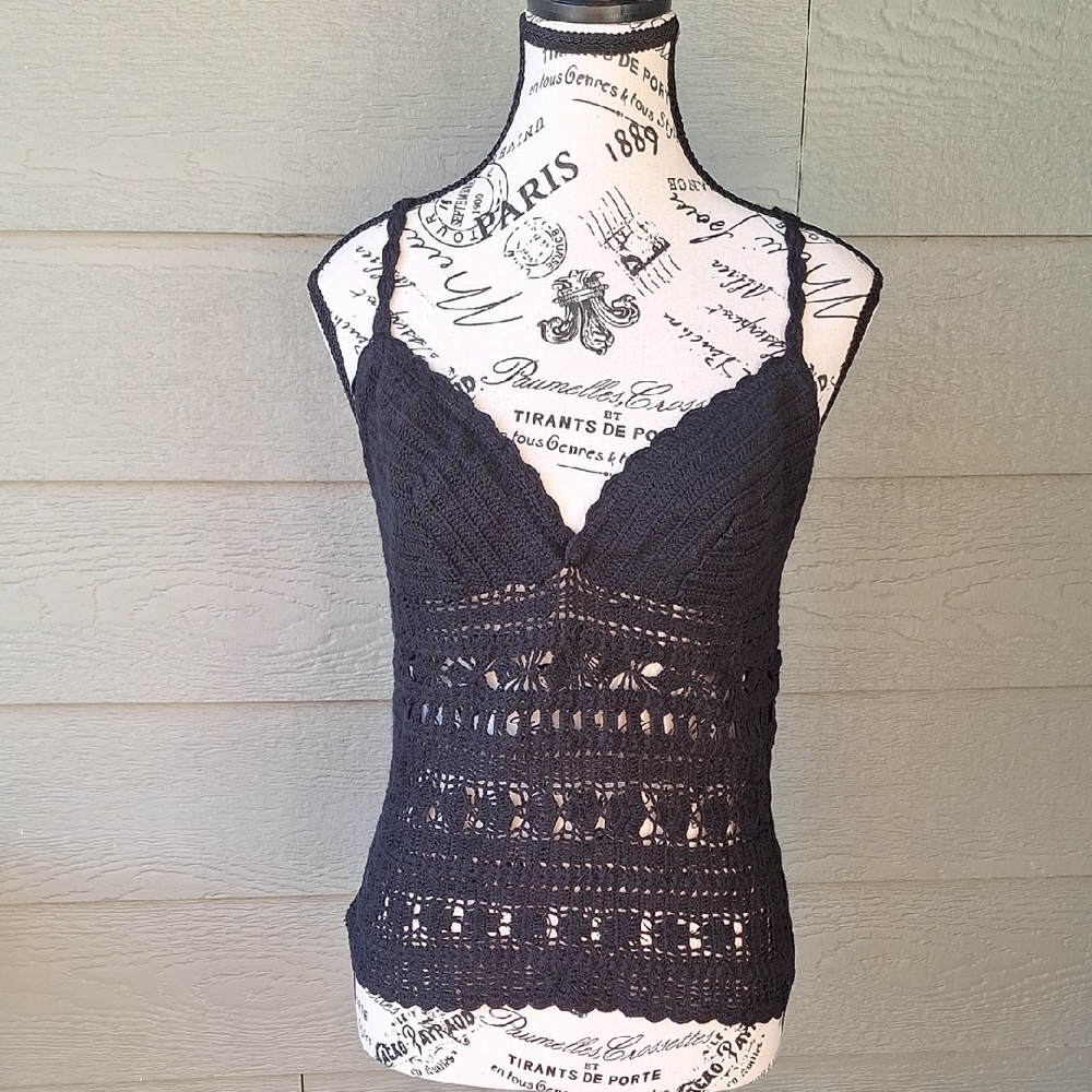 Vintage 90s Y2k Witchy Moda International Crochet Knit Tank Black Size M Hippie - Picture 1 of 9